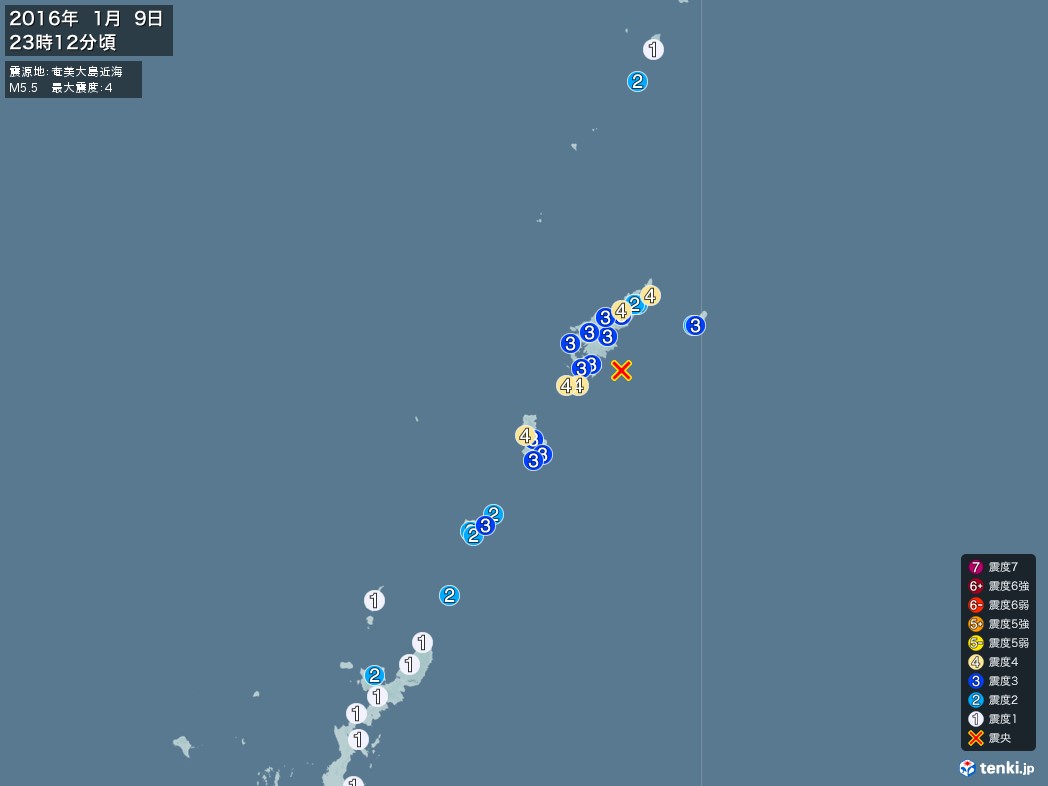 地震情報 2016年01月09日 23時12分頃発生 最大震度：4 震源地：奄美大島近海(拡大画像)