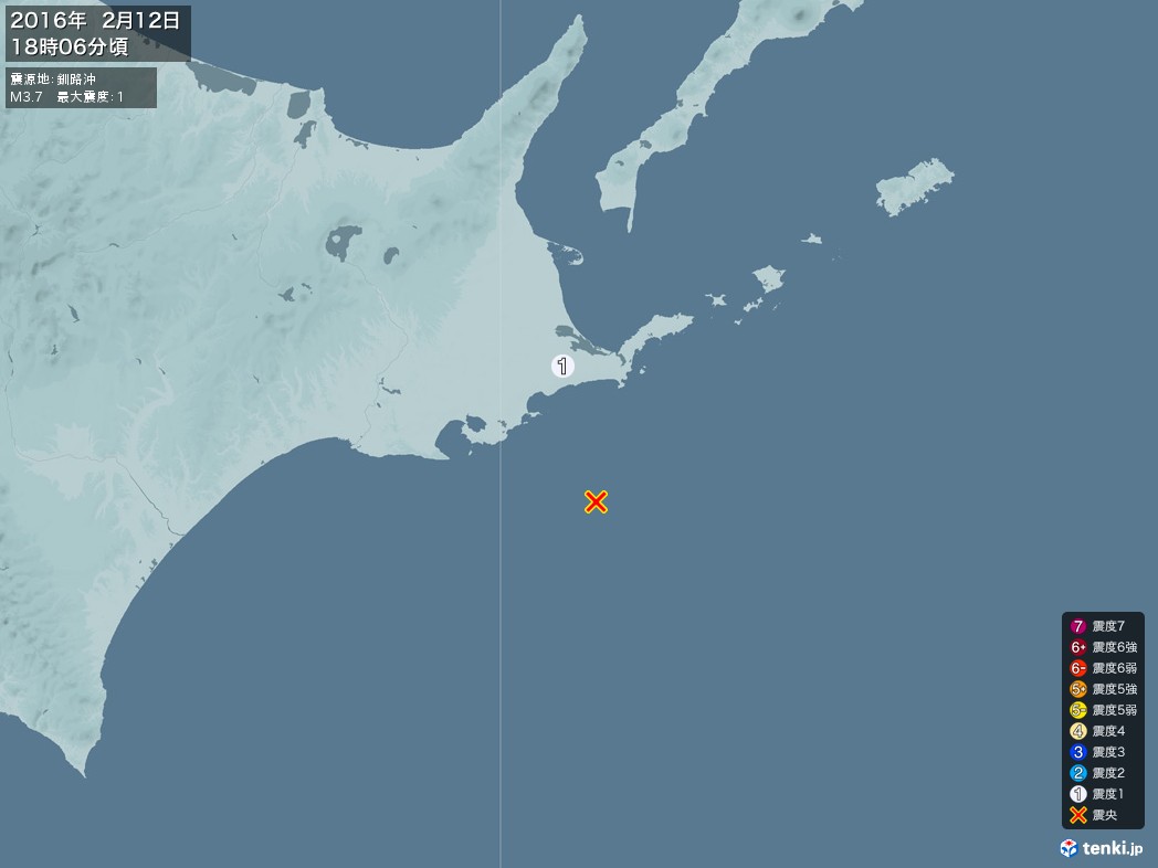 地震情報 2016年02月12日 18時06分頃発生 最大震度：1 震源地：釧路沖(拡大画像)
