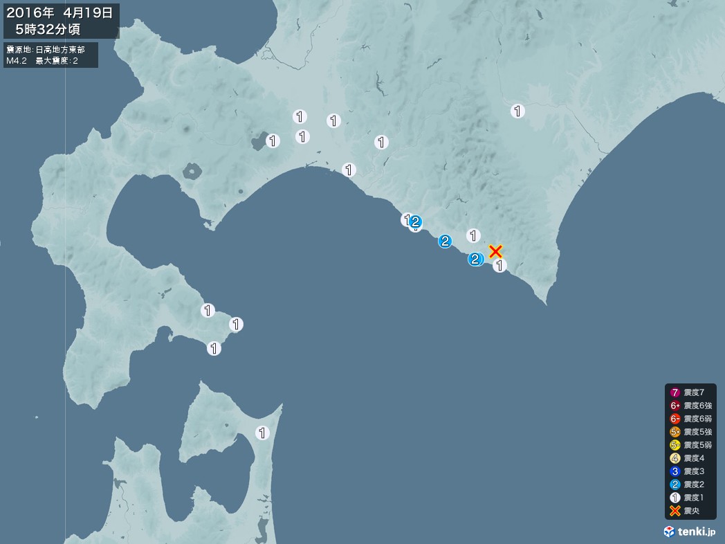 地震情報 2016年04月19日 05時32分頃発生 最大震度：2 震源地：日高地方東部(拡大画像)