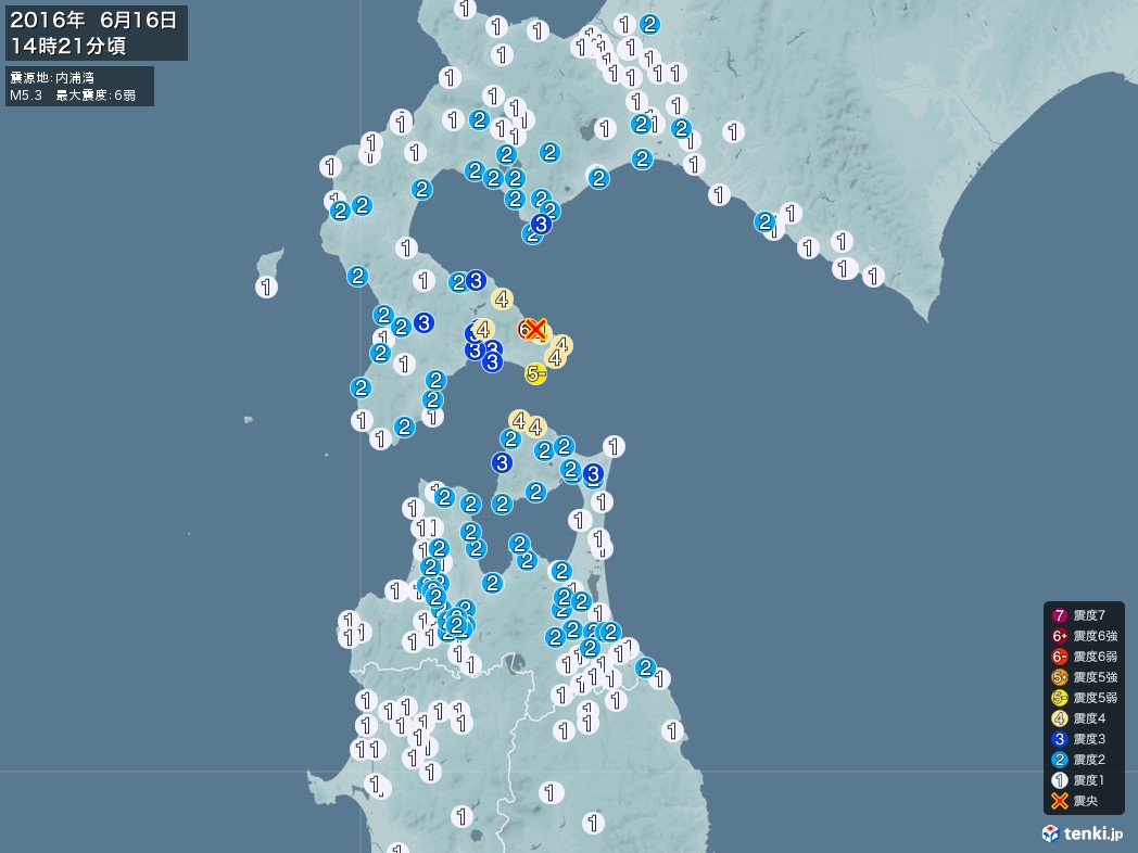地震情報 16年06月16日 14時21分頃発生 最大震度 6弱 震源地 内浦湾 日本気象協会 Tenki Jp