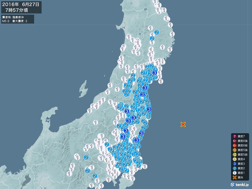 地震情報 2016年06月27日 07時57分頃発生 最大震度：3 震源地：福島県沖(拡大画像)
