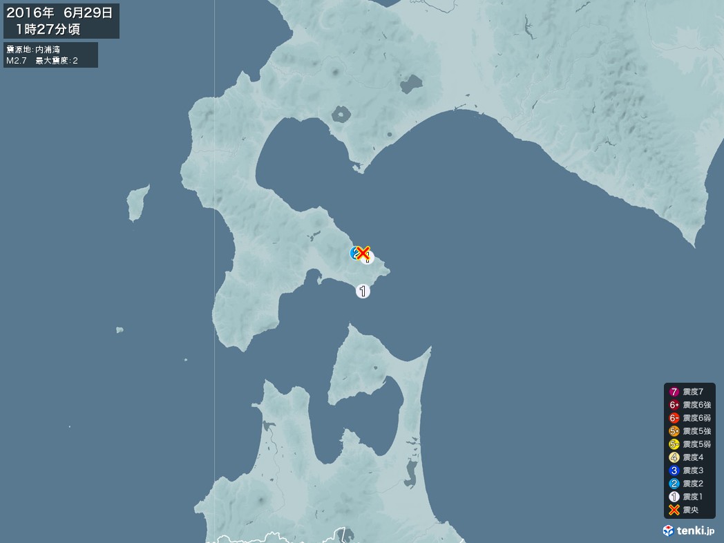 地震情報 2016年06月29日 01時27分頃発生 最大震度：2 震源地：内浦湾(拡大画像)