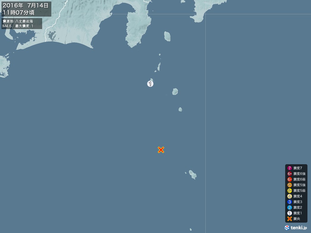 地震情報 2016年07月14日 11時07分頃発生 最大震度：1 震源地：八丈島近海(拡大画像)