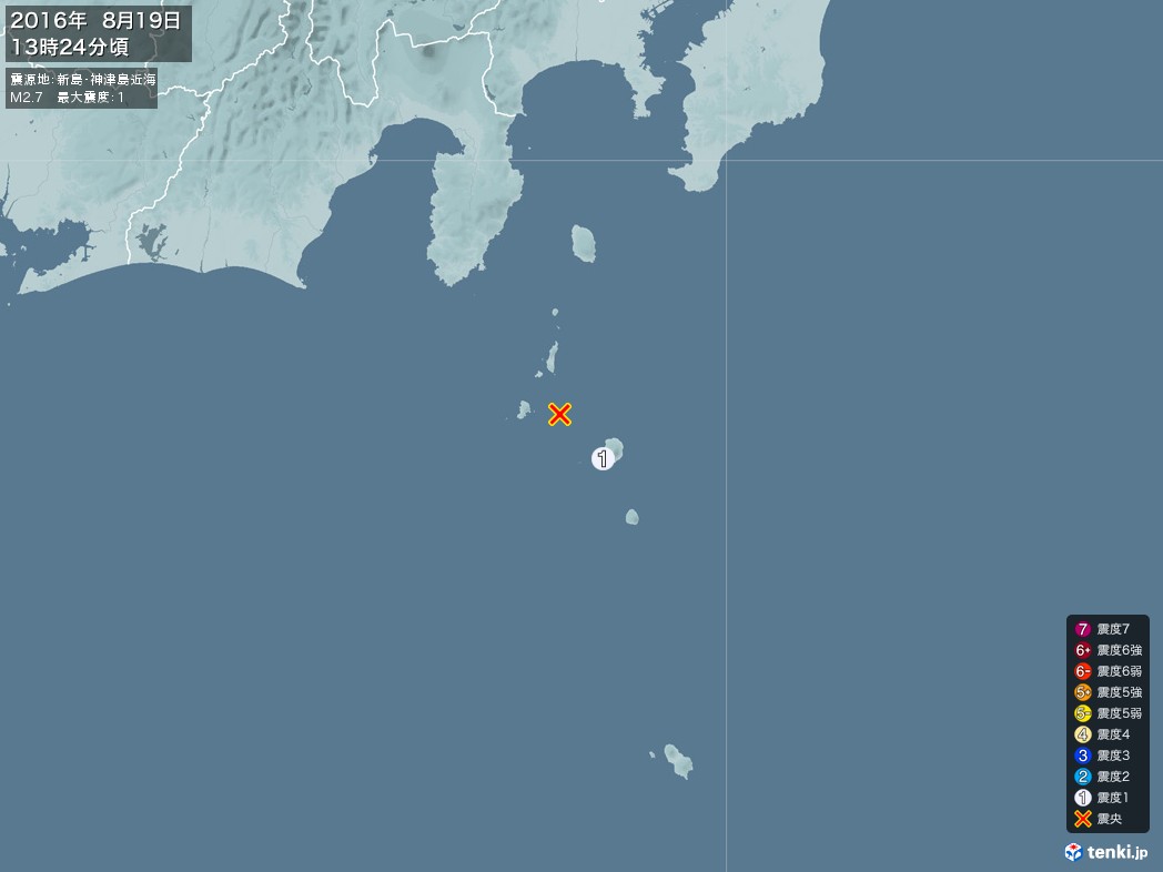 地震情報 2016年08月19日 13時24分頃発生 最大震度：1 震源地：新島・神津島近海(拡大画像)