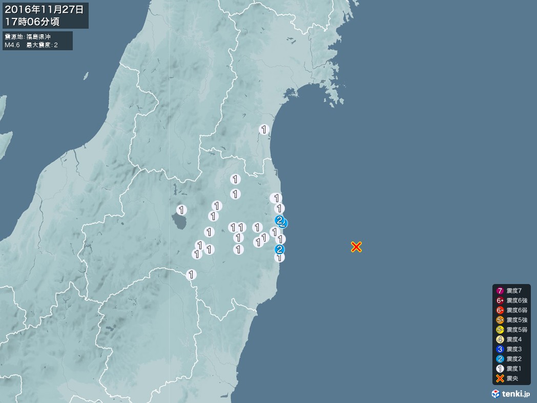 地震情報 2016年11月27日 17時06分頃発生 最大震度：2 震源地：福島県沖(拡大画像)