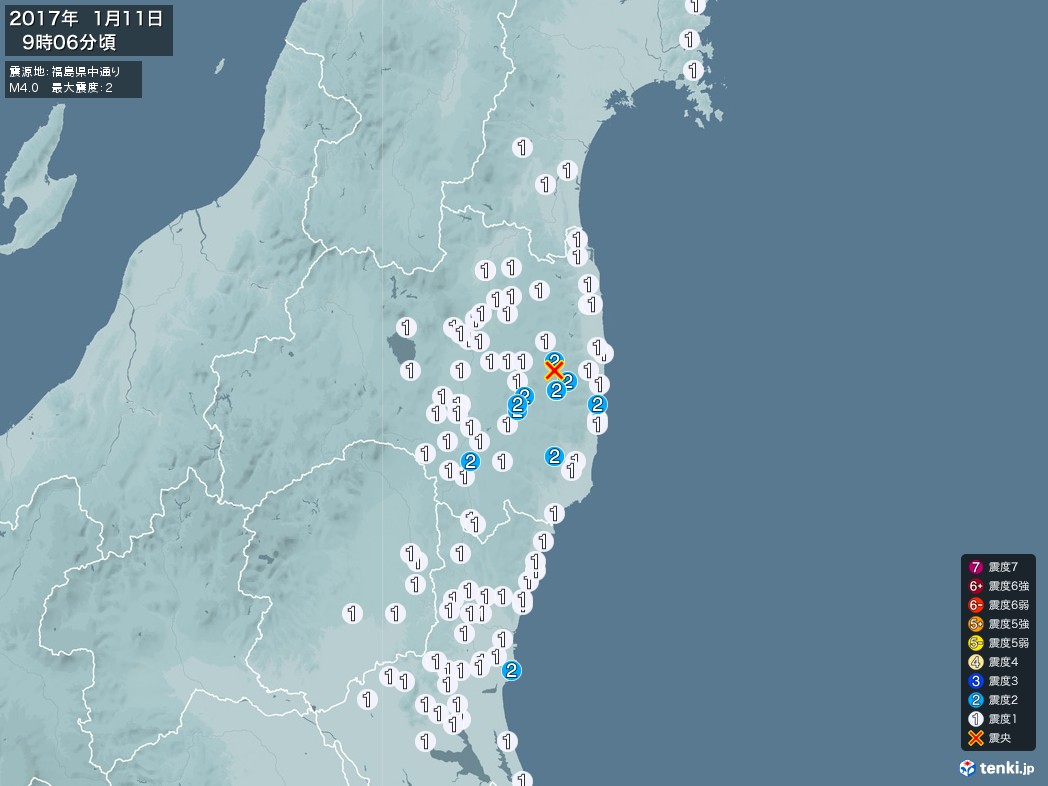 地震情報 2017年01月11日 09時06分頃発生 最大震度：2 震源地：福島県中通り(拡大画像)