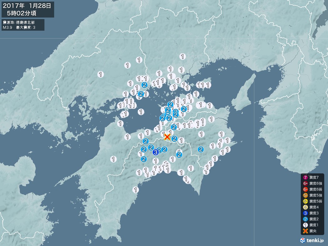 地震情報 2017年01月28日 05時02分頃発生 最大震度：3 震源地：徳島県北部(拡大画像)