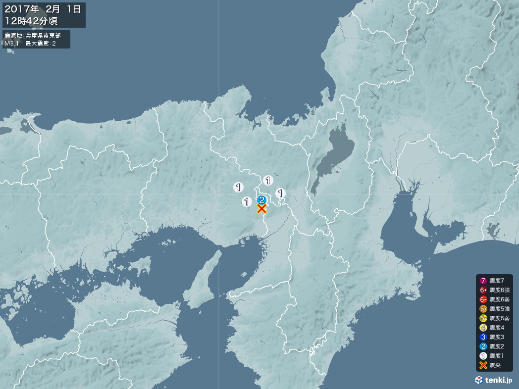 地震情報 2017年02月01日 12時42分頃発生 最大震度：2 震源地：兵庫県南東部(拡大画像)