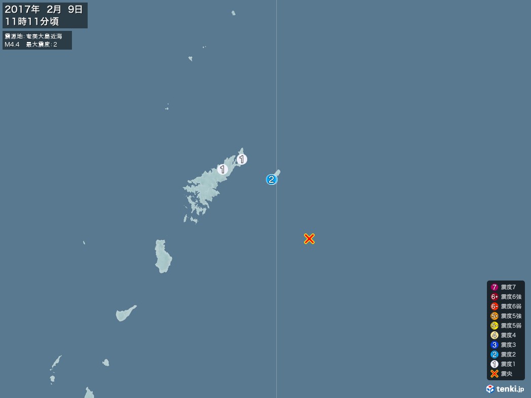 地震情報 2017年02月09日 11時11分頃発生 最大震度：2 震源地：奄美大島近海(拡大画像)