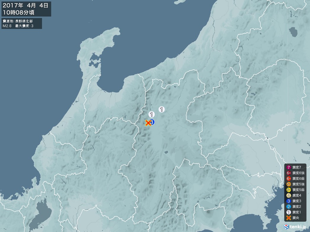 地震情報 2017年04月04日 10時08分頃発生 最大震度：3 震源地：長野県北部(拡大画像)
