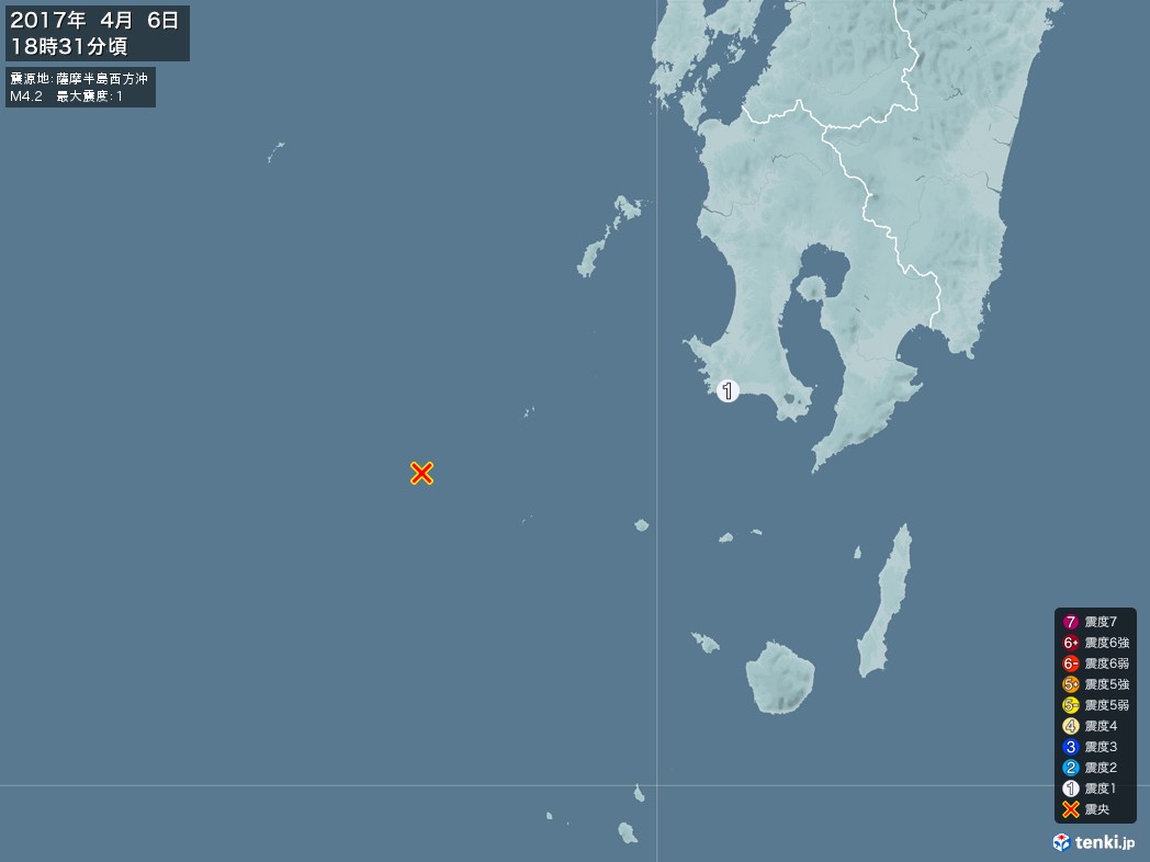 地震情報 2017年04月06日 18時31分頃発生 最大震度：1 震源地：薩摩半島西方沖(拡大画像)