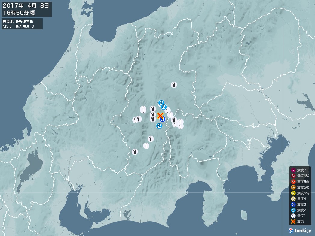 地震情報 2017年04月08日 16時50分頃発生 最大震度：3 震源地：長野県南部(拡大画像)
