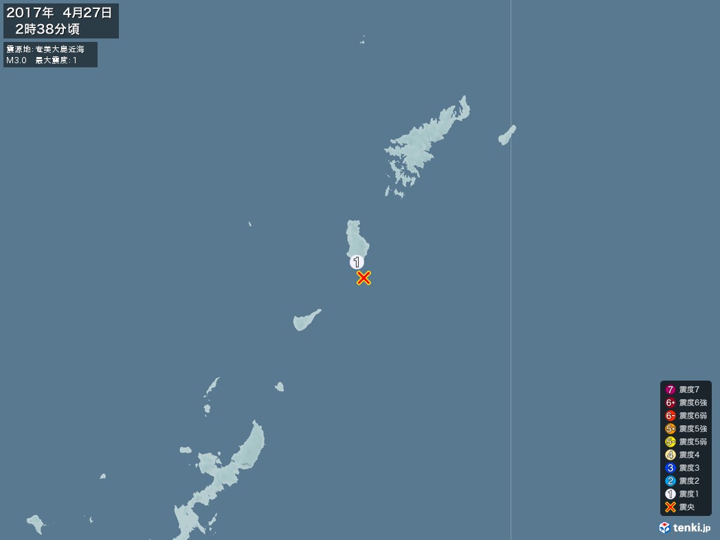 地震情報 2017年04月27日 02時38分頃発生 最大震度：1 震源地：奄美大島近海(拡大画像)