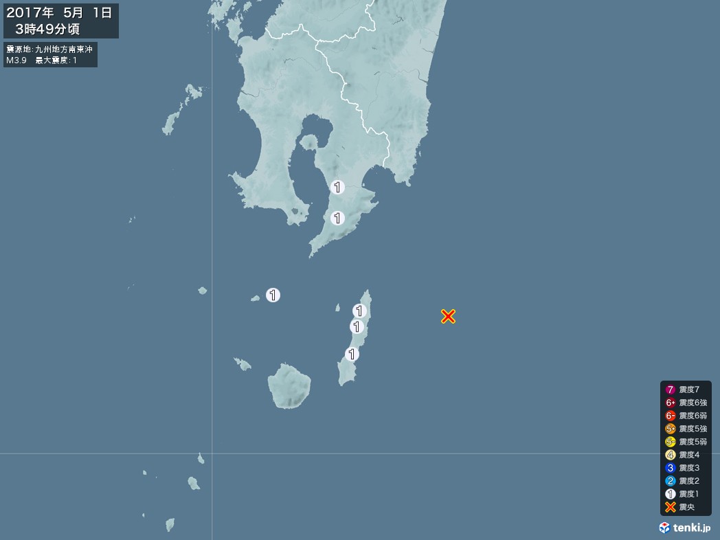 地震情報 2017年05月01日 03時49分頃発生 最大震度：1 震源地：九州地方南東沖(拡大画像)