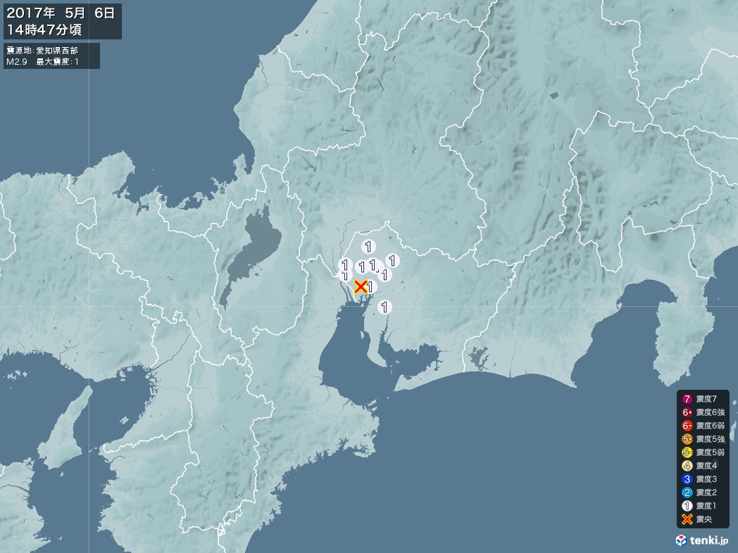 地震情報 2017年05月06日 14時47分頃発生 最大震度：1 震源地：愛知県西部(拡大画像)