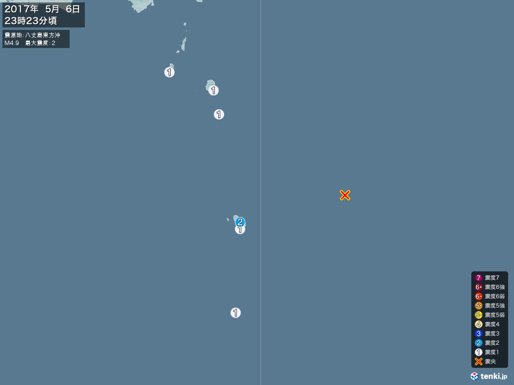 地震情報 2017年05月06日 23時23分頃発生 最大震度：2 震源地：八丈島東方沖(拡大画像)