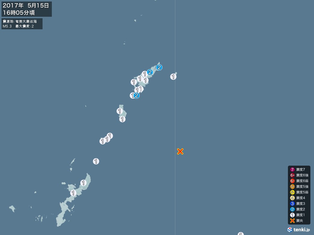 地震情報 2017年05月15日 16時05分頃発生 最大震度：2 震源地：奄美大島近海(拡大画像)