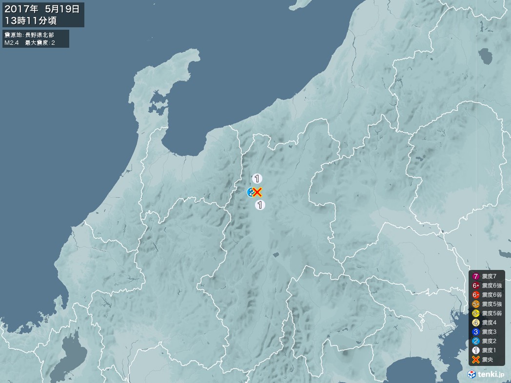 地震情報 2017年05月19日 13時11分頃発生 最大震度：2 震源地：長野県北部(拡大画像)