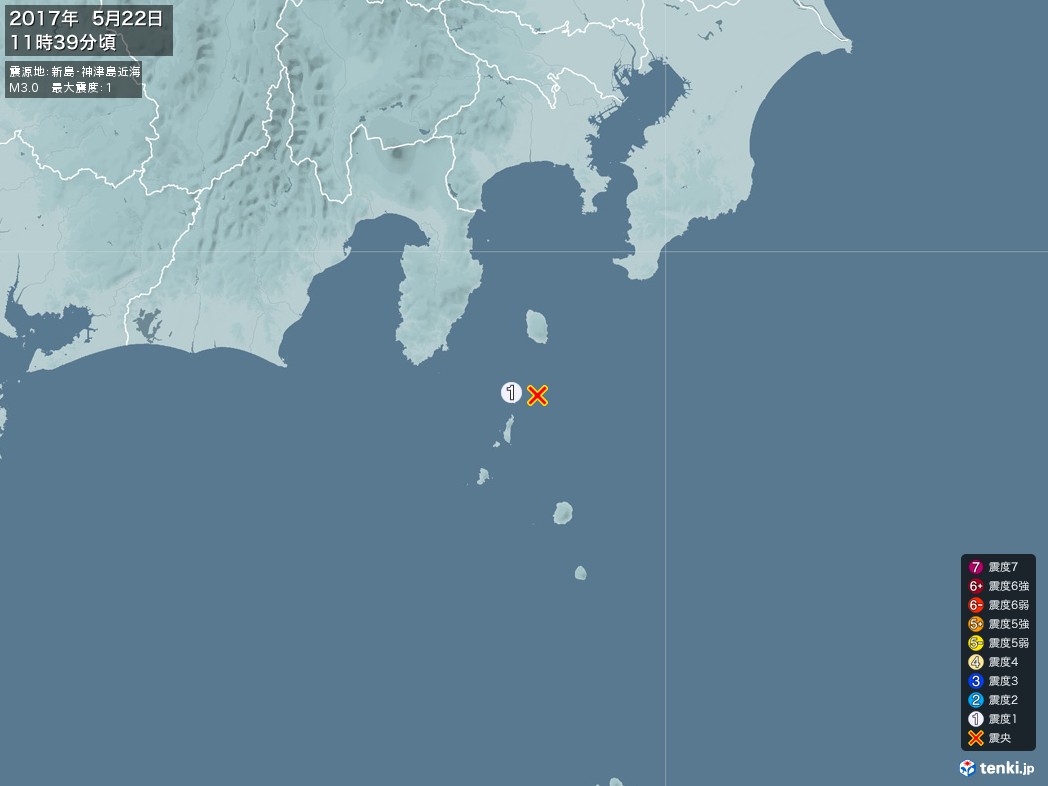 地震情報 2017年05月22日 11時39分頃発生 最大震度：1 震源地：新島・神津島近海(拡大画像)