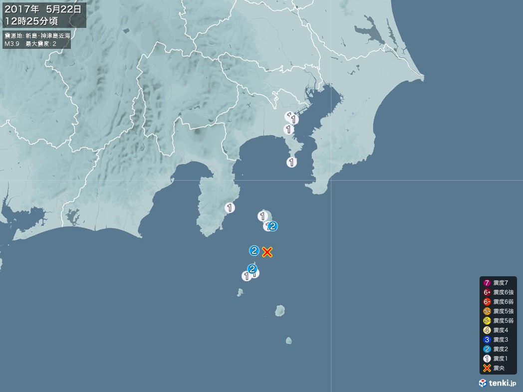 地震情報 2017年05月22日 12時25分頃発生 最大震度：2 震源地：新島・神津島近海(拡大画像)