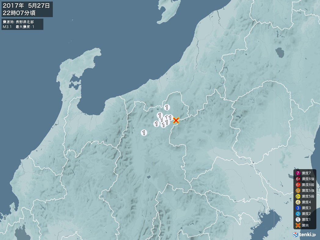 地震情報 2017年05月27日 22時07分頃発生 最大震度：1 震源地：長野県北部(拡大画像)