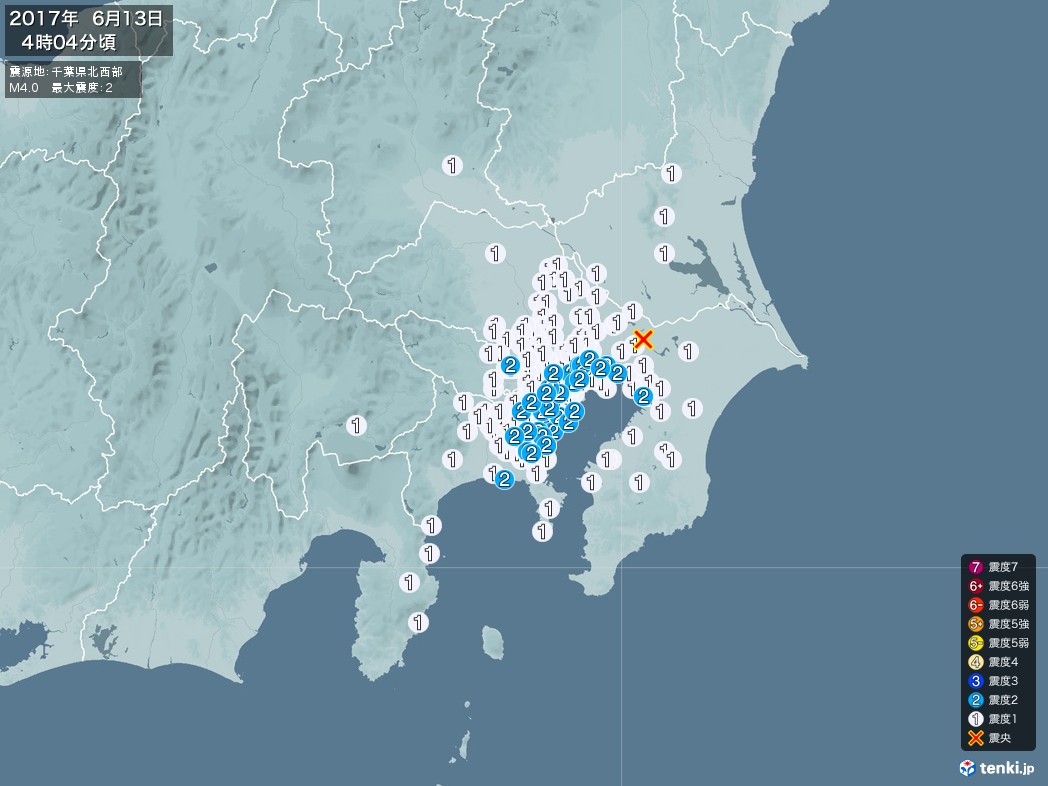 地震情報 2017年06月13日 04時04分頃発生 最大震度：2 震源地：千葉県北西部(拡大画像)