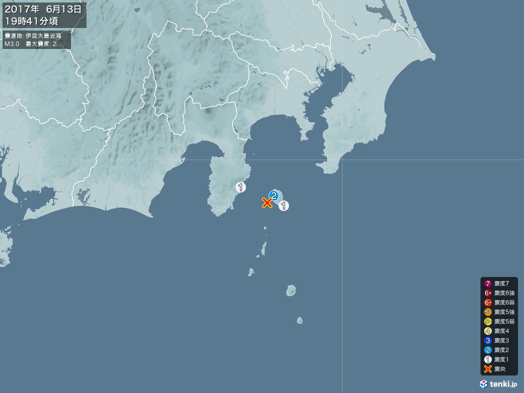 地震情報 2017年06月13日 19時41分頃発生 最大震度：2 震源地：伊豆大島近海(拡大画像)
