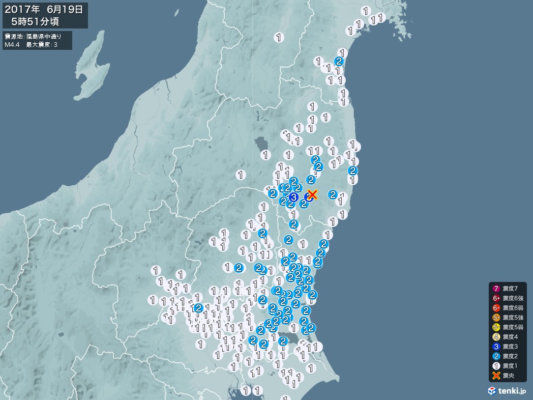 地震情報 2017年06月19日 05時51分頃発生 最大震度：3 震源地：福島県中通り(拡大画像)
