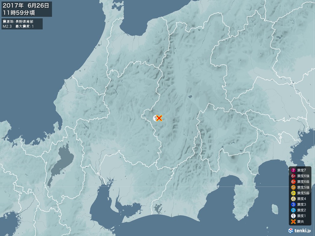 地震情報 2017年06月26日 11時59分頃発生 最大震度：1 震源地：長野県南部(拡大画像)