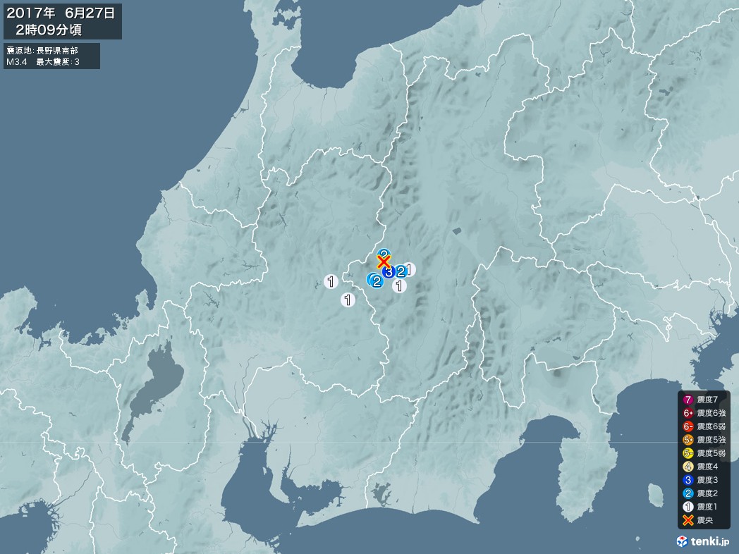 地震情報 2017年06月27日 02時09分頃発生 最大震度：3 震源地：長野県南部(拡大画像)