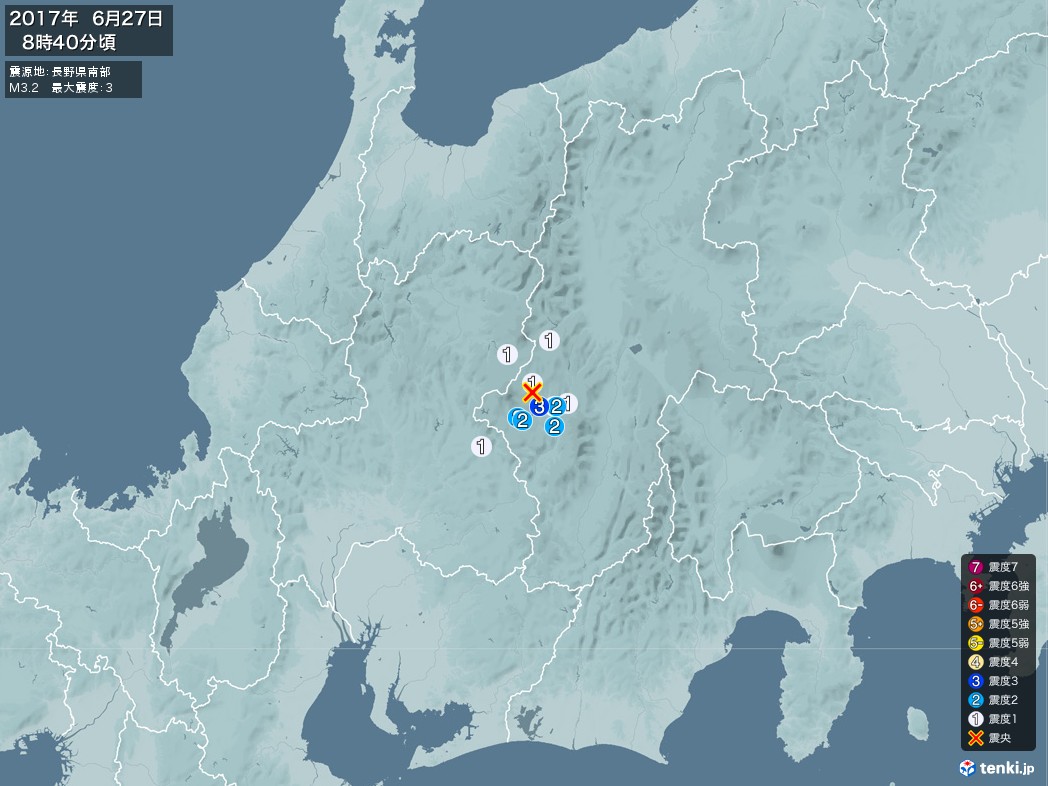 地震情報 2017年06月27日 08時40分頃発生 最大震度：3 震源地：長野県南部(拡大画像)