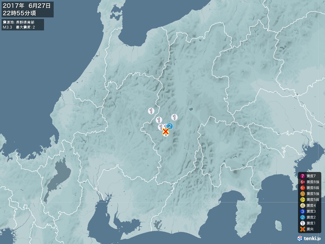 地震情報 2017年06月27日 22時55分頃発生 最大震度：2 震源地：長野県南部(拡大画像)