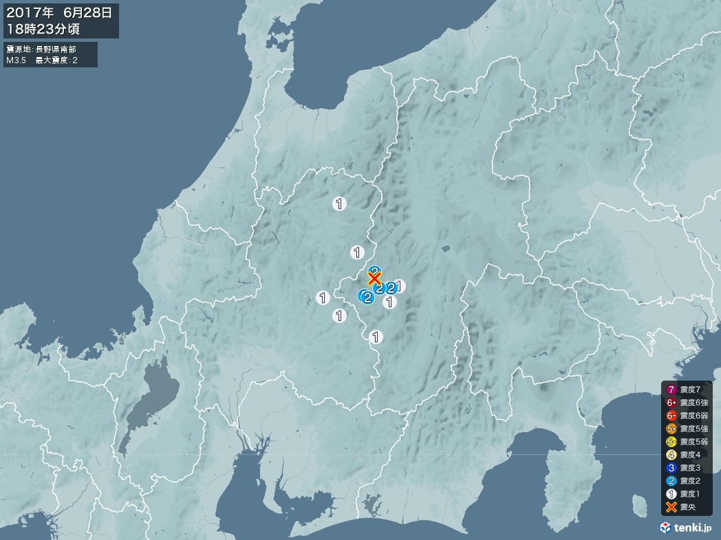 地震情報 2017年06月28日 18時23分頃発生 最大震度：2 震源地：長野県南部(拡大画像)
