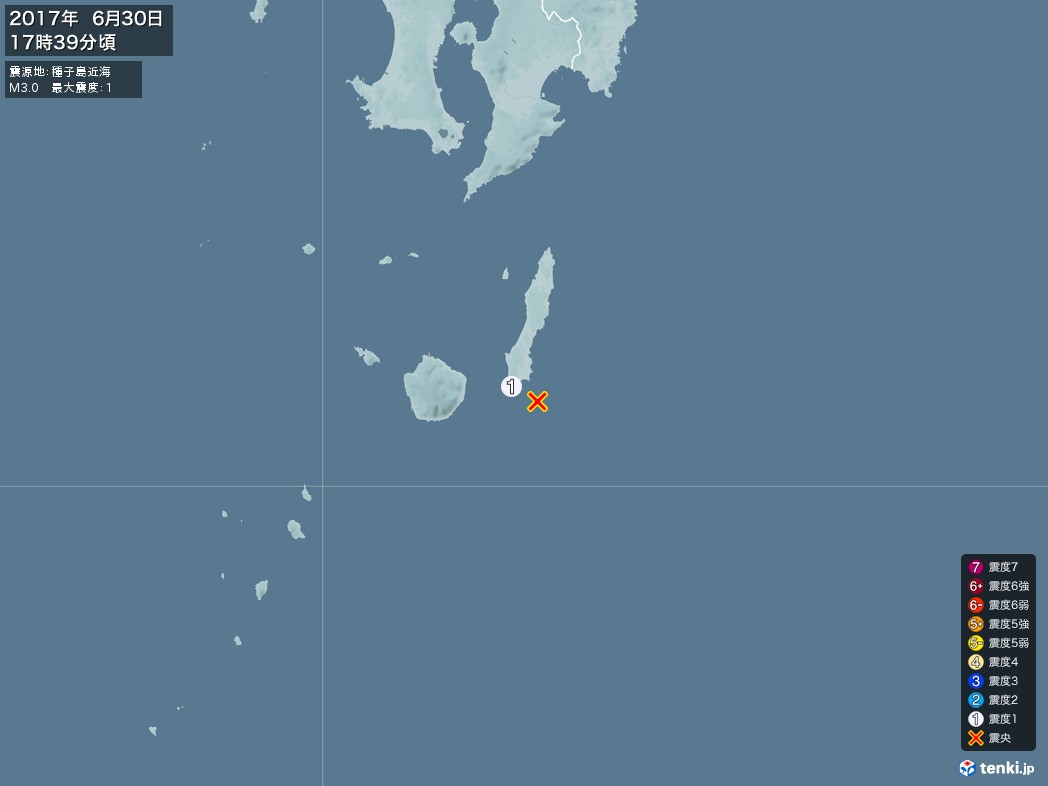 地震情報 2017年06月30日 17時39分頃発生 最大震度：1 震源地：種子島近海(拡大画像)