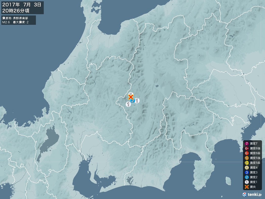 地震情報 2017年07月03日 20時26分頃発生 最大震度：2 震源地：長野県南部(拡大画像)