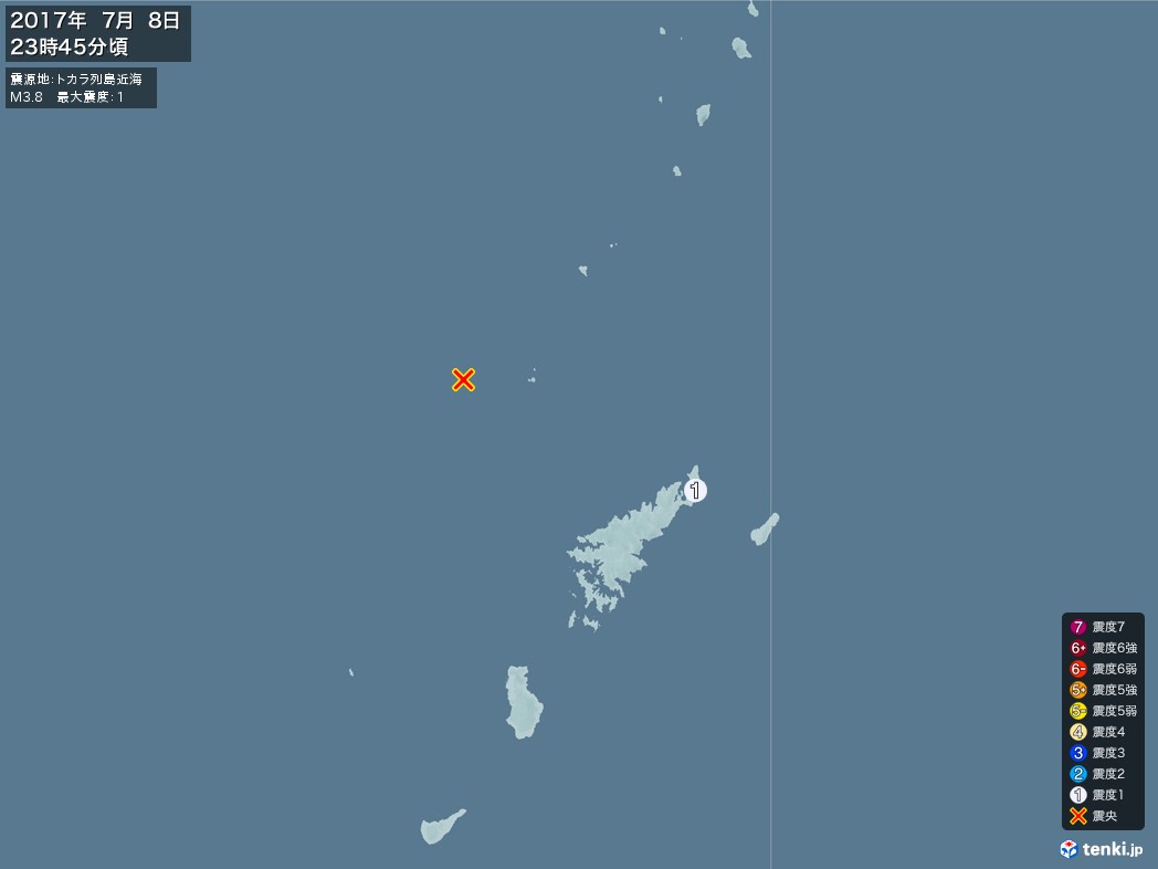 地震情報 2017年07月08日 23時45分頃発生 最大震度：1 震源地：トカラ列島近海(拡大画像)