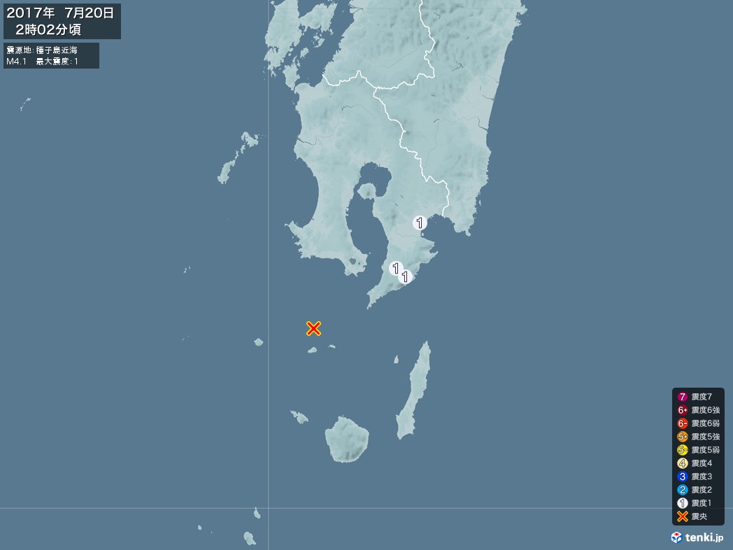 地震情報 2017年07月20日 02時02分頃発生 最大震度：1 震源地：種子島近海(拡大画像)