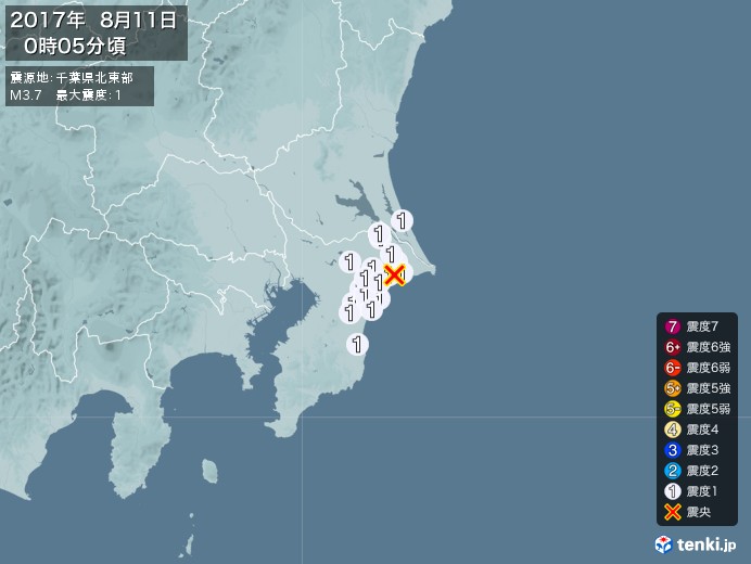 地震情報(2017年08月11日00時05分発生)