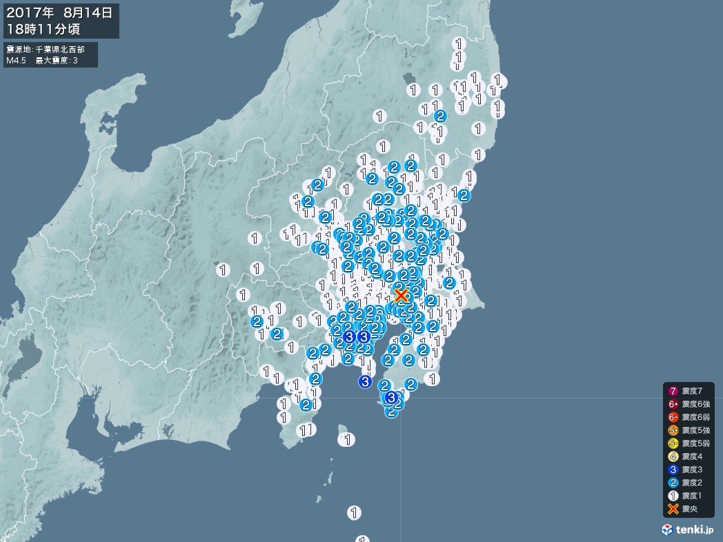 地震情報 2017年08月14日 18時11分頃発生 最大震度：3 震源地：千葉県北西部(拡大画像)
