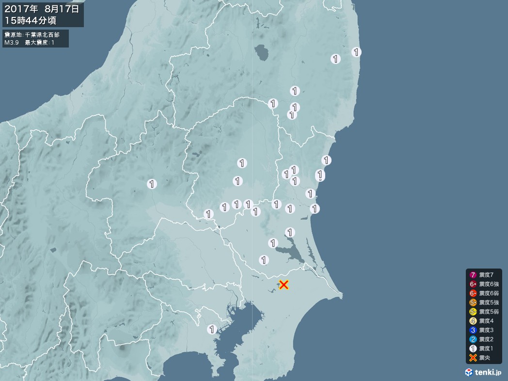 地震情報 2017年08月17日 15時44分頃発生 最大震度：1 震源地：千葉県北西部(拡大画像)
