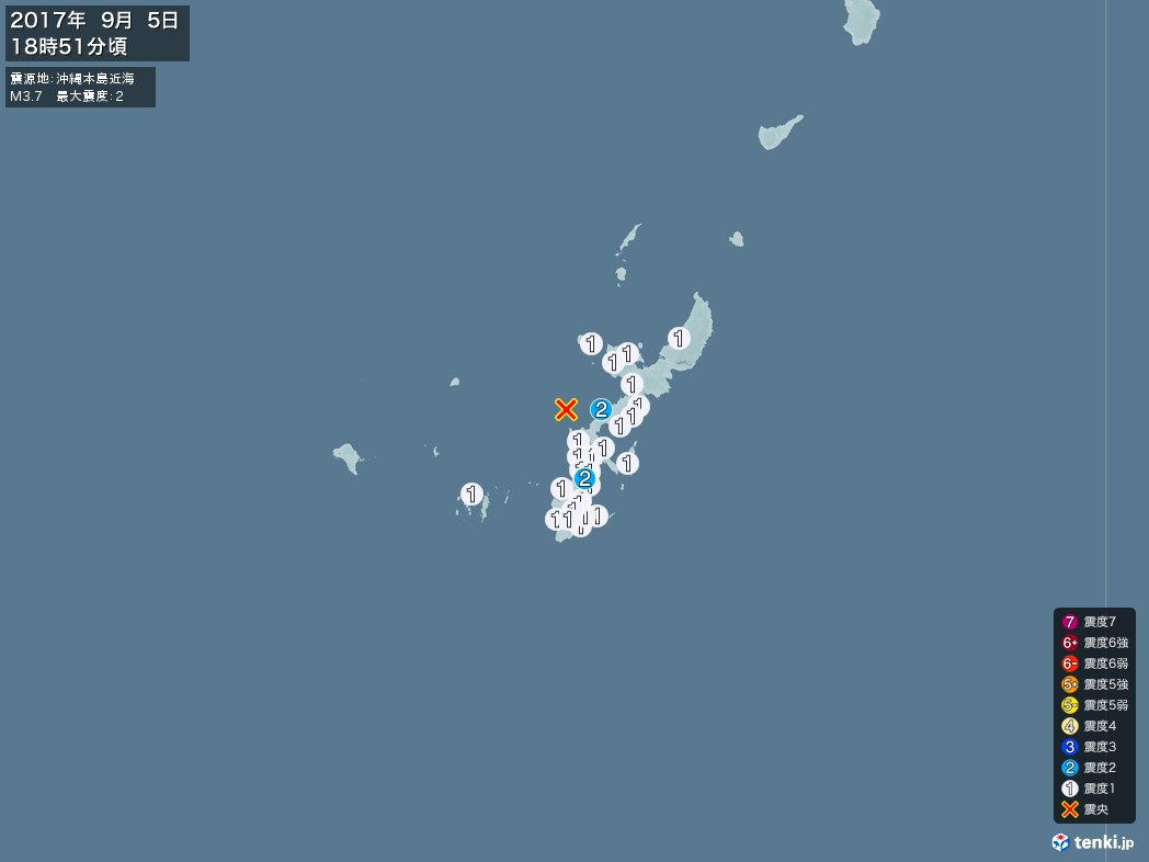 地震情報 2017年09月05日 18時51分頃発生 最大震度：2 震源地：沖縄本島近海(拡大画像)