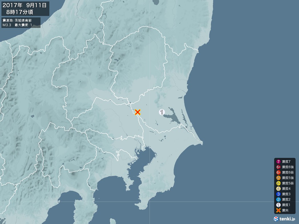 地震情報 2017年09月11日 08時17分頃発生 最大震度：1 震源地：茨城県南部(拡大画像)