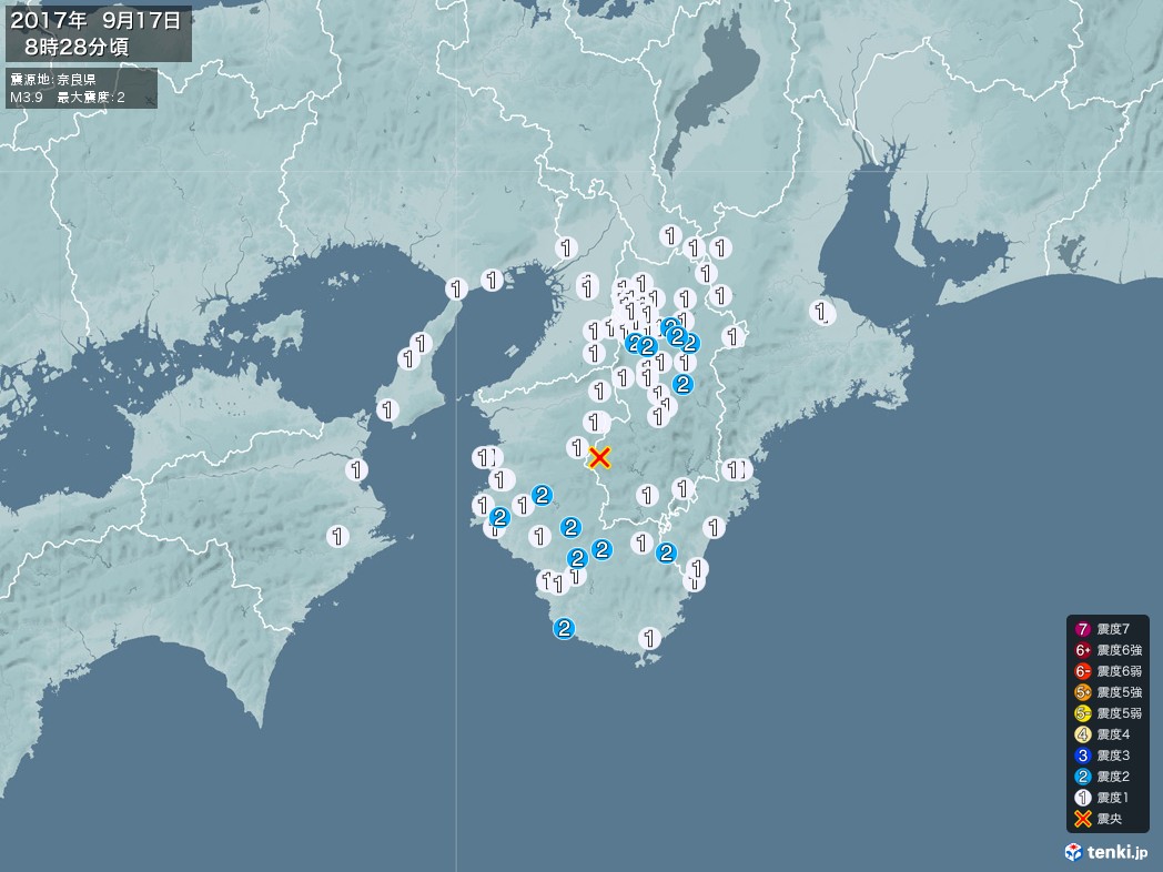 地震情報 2017年09月17日 08時28分頃発生 最大震度：2 震源地：奈良県(拡大画像)