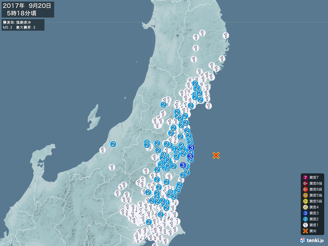 地震情報 2017年09月20日 05時18分頃発生 最大震度：3 震源地：福島県沖(拡大画像)