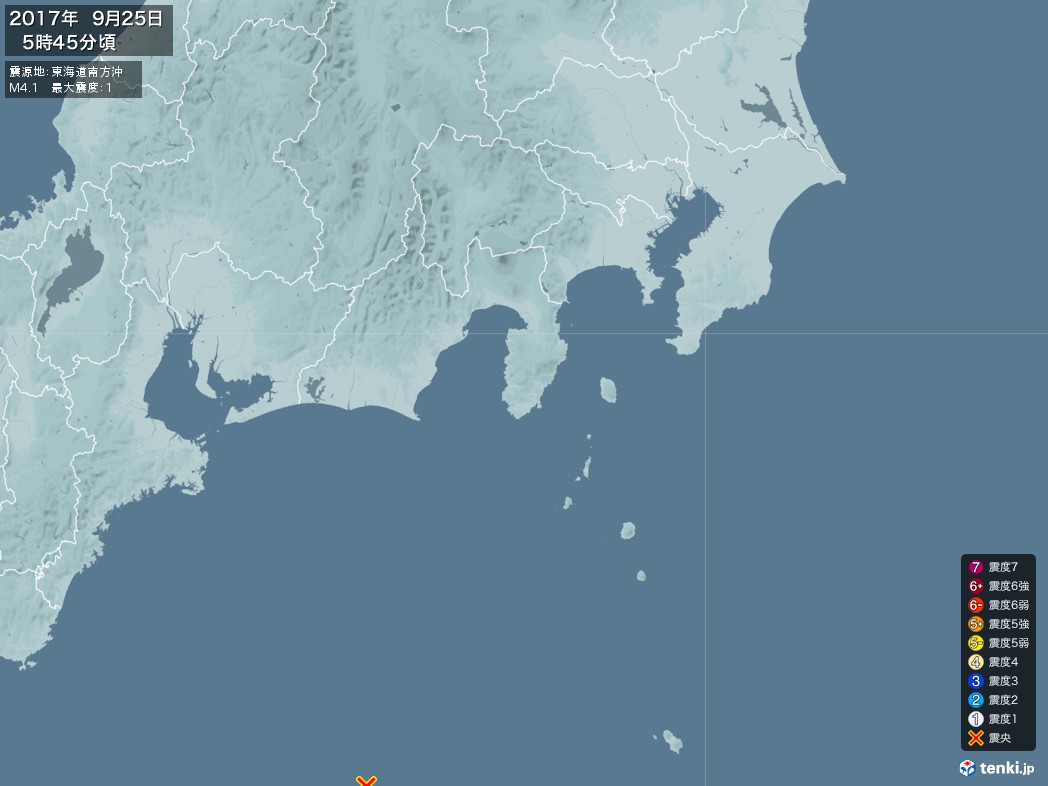 地震情報 2017年09月25日 05時45分頃発生 最大震度：1 震源地：東海道南方沖(拡大画像)