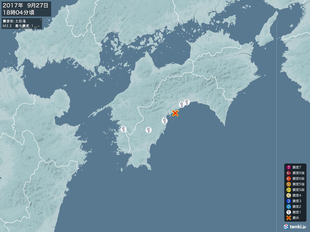 地震情報 2017年09月27日 18時04分頃発生 最大震度：1 震源地：土佐湾(拡大画像)