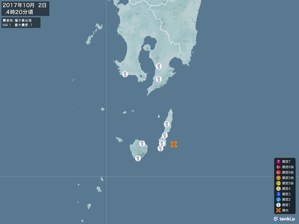地震情報 2017年10月02日 04時20分頃発生 最大震度：1 震源地：種子島近海(拡大画像)