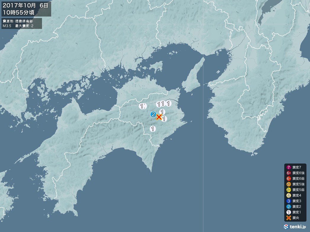 地震情報 2017年10月06日 10時55分頃発生 最大震度：2 震源地：徳島県南部(拡大画像)