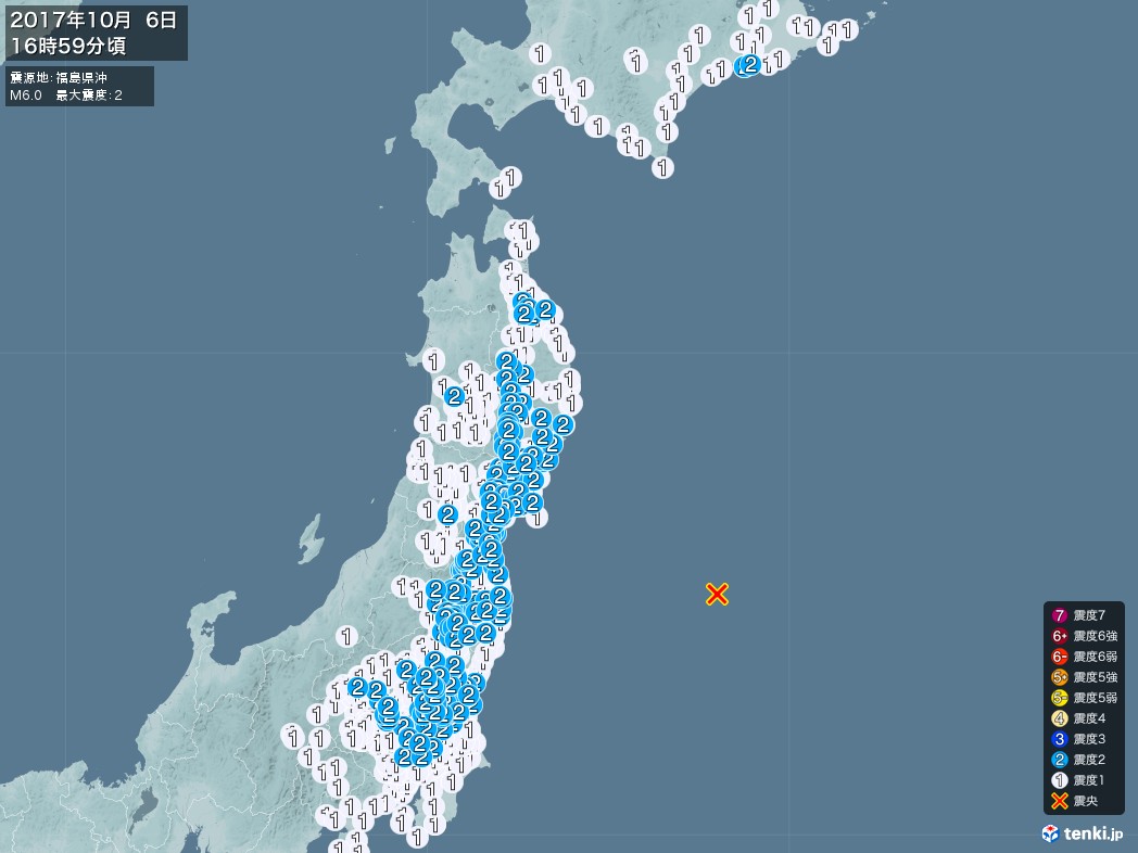 地震情報 2017年10月06日 16時59分頃発生 最大震度：2 震源地：福島県沖(拡大画像)