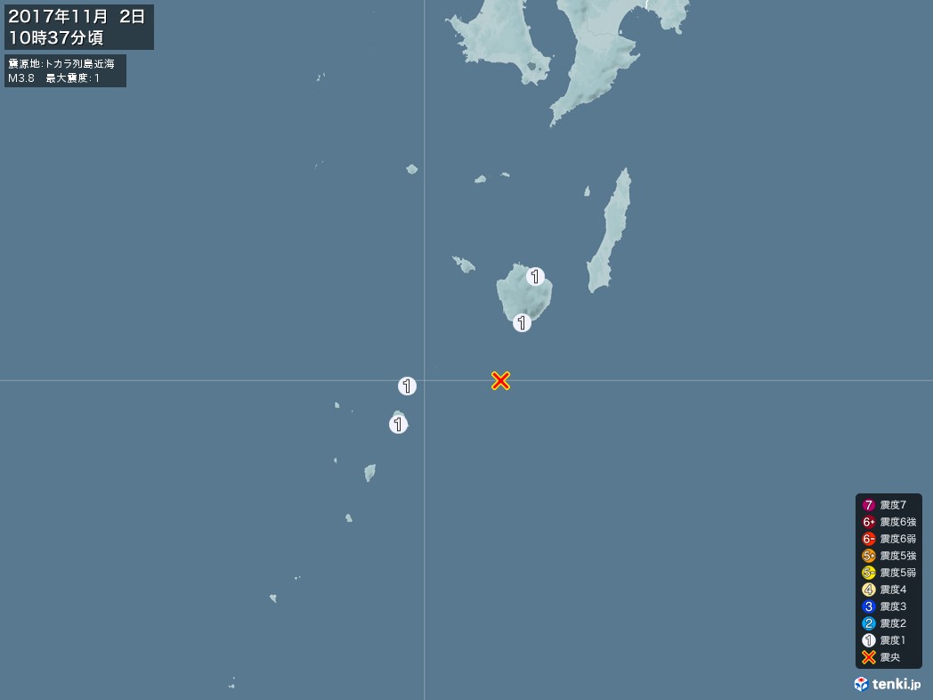 地震情報 2017年11月02日 10時37分頃発生 最大震度：1 震源地：トカラ列島近海(拡大画像)